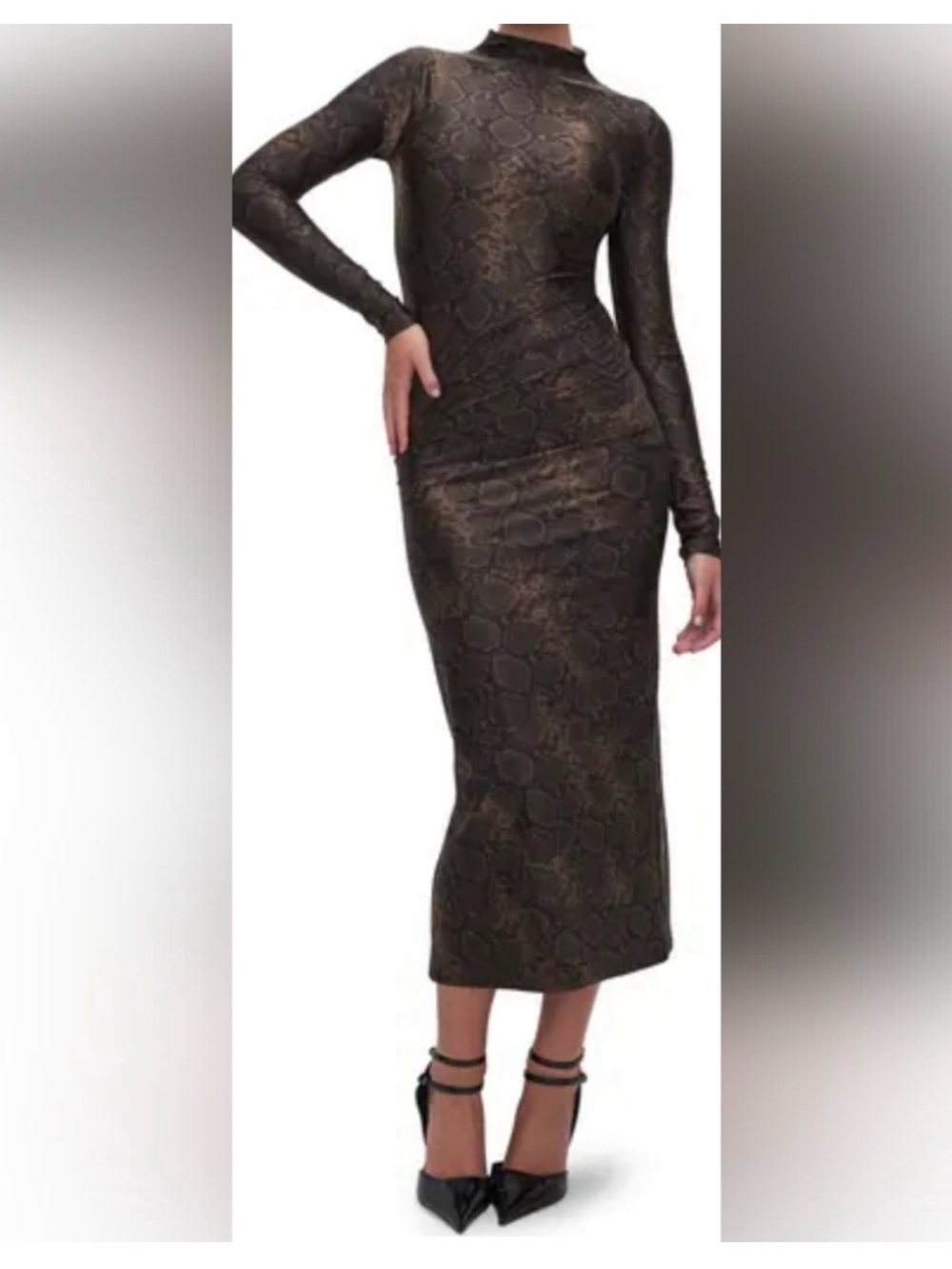 Good American Elegant Long Sleeve Midi Dress in Black-Brown Snake Print